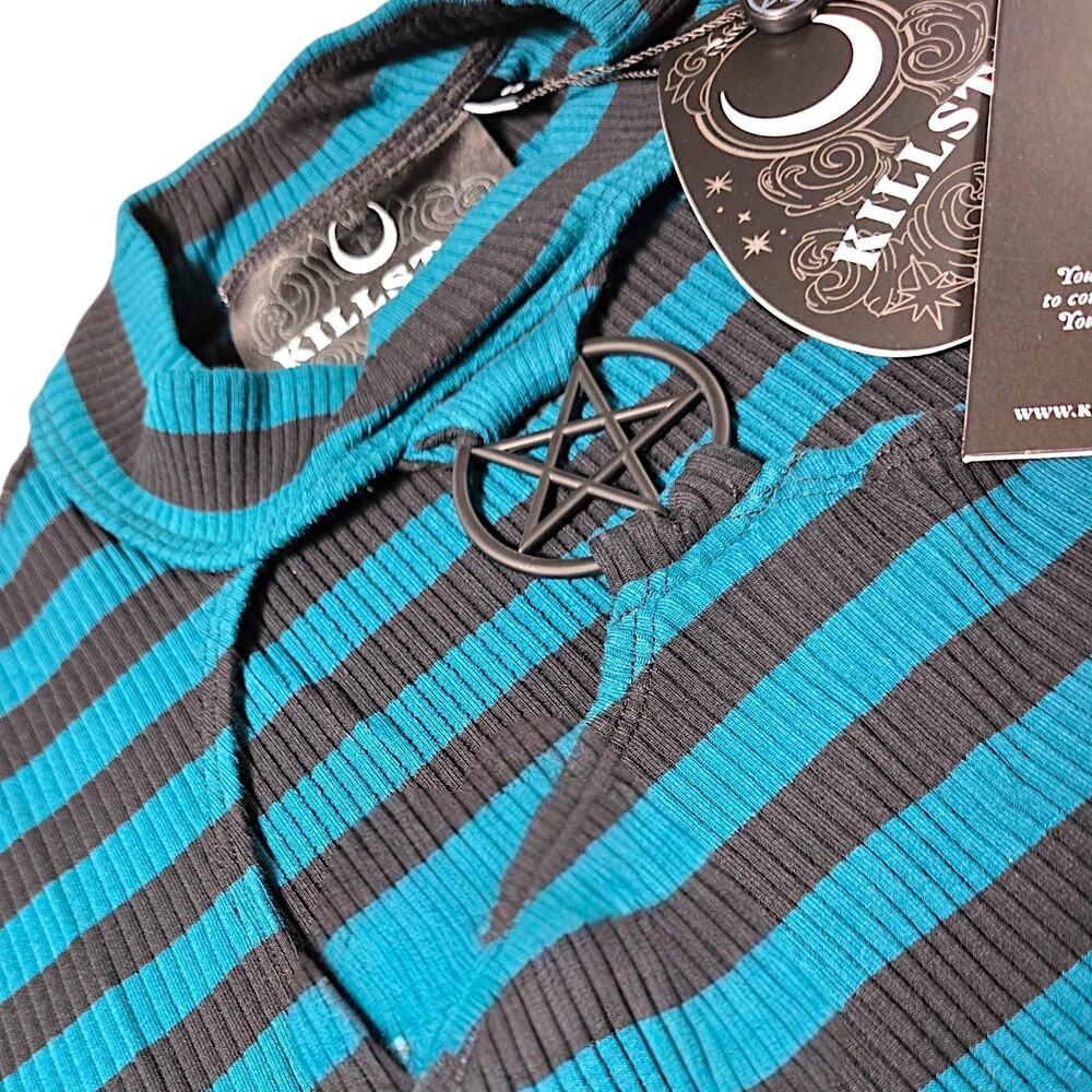 KILLSTAR Lamia Top S Green Black Striped Ribbed Pentagram Cutout NWT